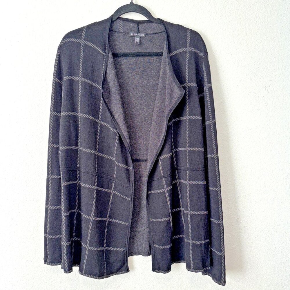 Eileen Fisher Open Front Cardigan Sweater L Black Windowpane Plaid Long Sleeve
